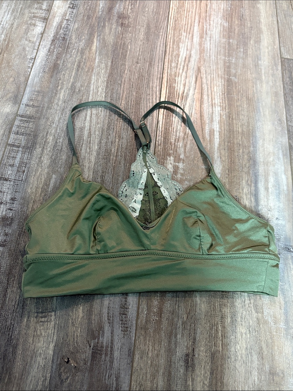 Aerie Olive Satin Bralette with Lace Detail